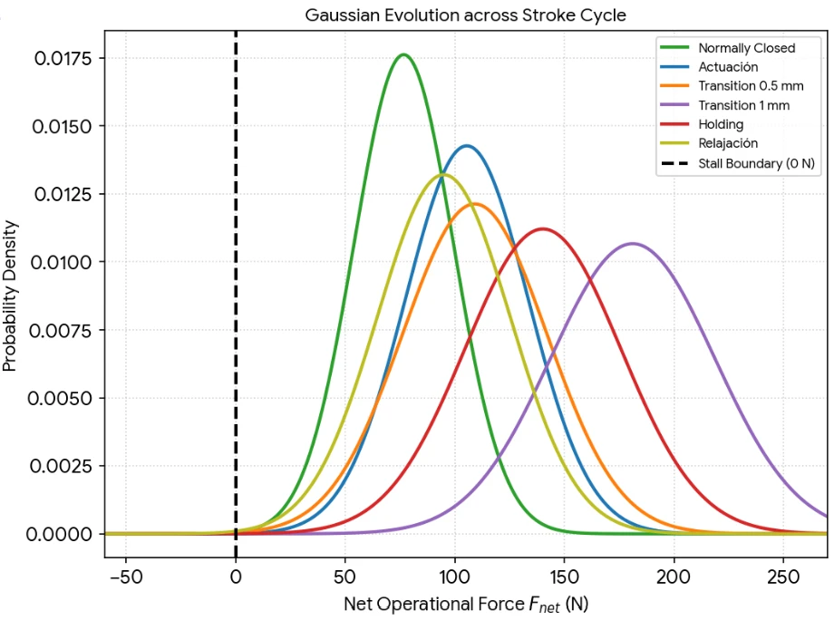 Gráfico ilustrativo de las distribuciones de probabilidad de la fuerza neta durante el ciclo de una electroválvula